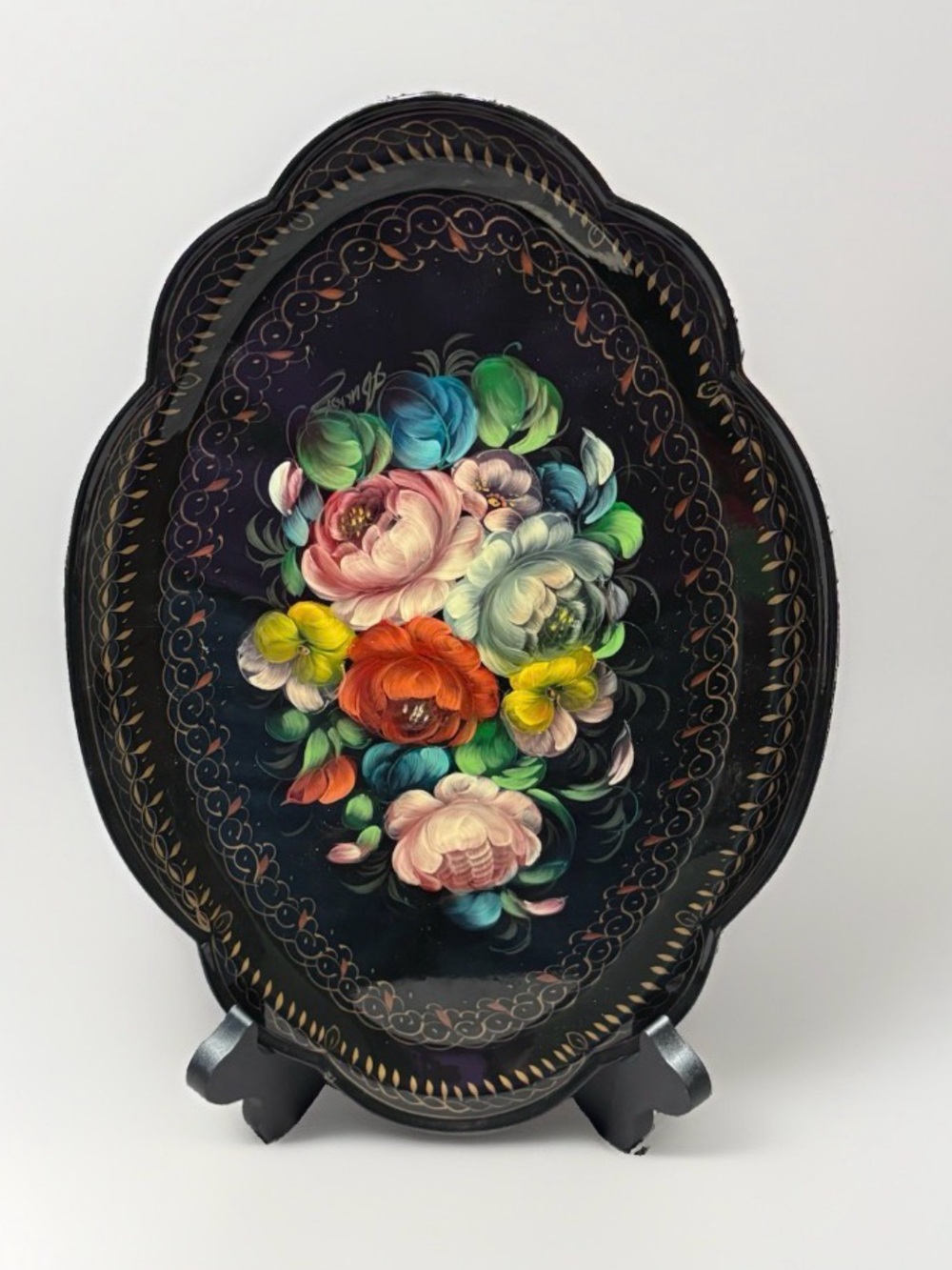 Vintage Hand Painted Russian Zhostovo Metal Tray Folk Art Signed